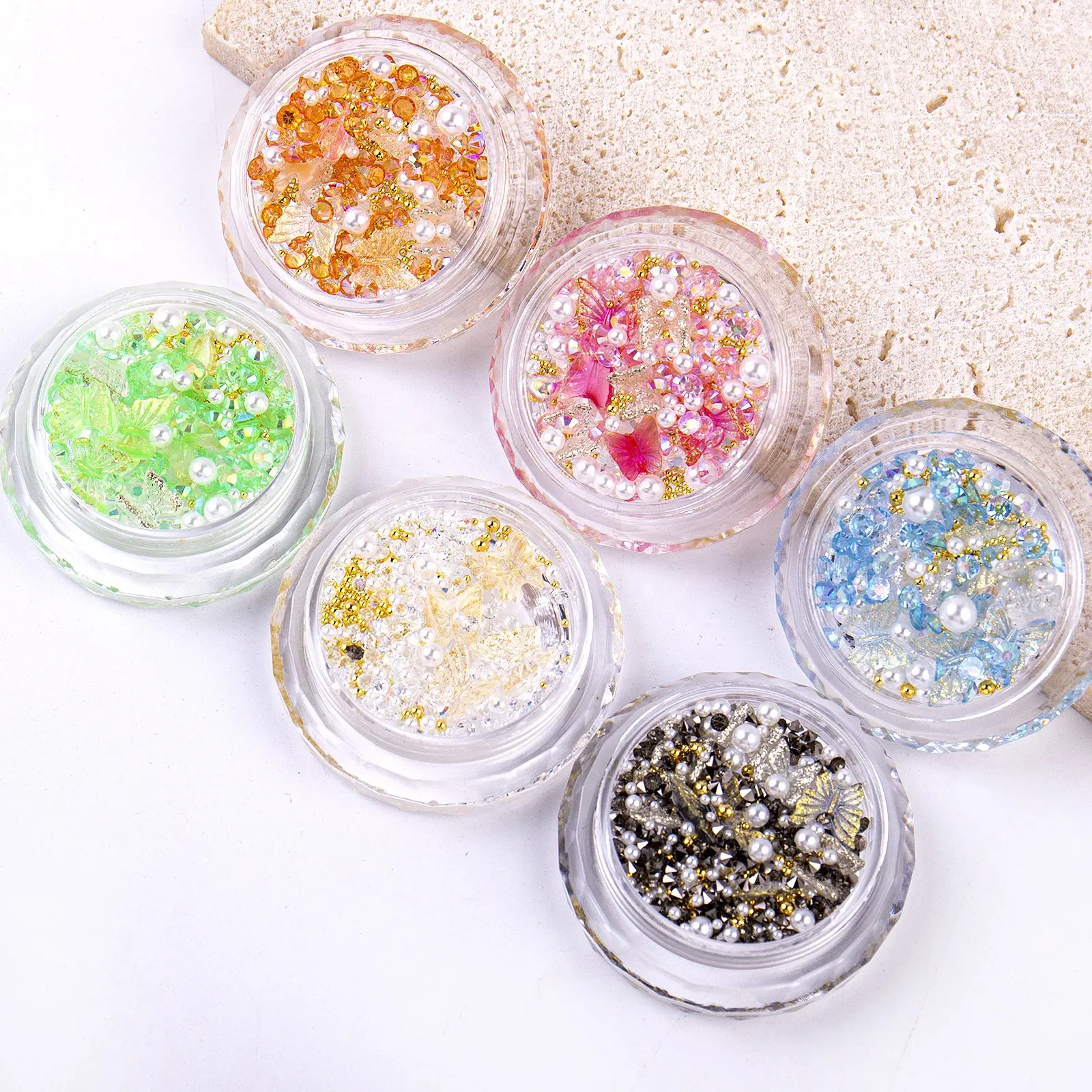 New Đầy Màu Sắc Hỗn Hợp Mini Đồ Trang Sức Bướm Nail Phụ Kiện Kim Cương Caviar Hạt Thạch Ngọc Trai Nail Charms