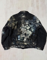 Jaket Trucker Denim Hitam Pria Model Boro Patchwork Jahitan Tangan Sashiko Cetakan Seni Abstrak Tepi Berjumbai Distressed Streetwear Outerwear
