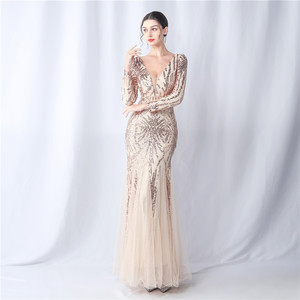 Nuovo Abito da Sera di Alta Qualità con Paillettes a Rete, <span class=keywords><strong>Maniche</strong></span> <span class=keywords><strong>Lunghe</strong></span>, Scollo a V e Silhouette a Sirena - Product Image 5