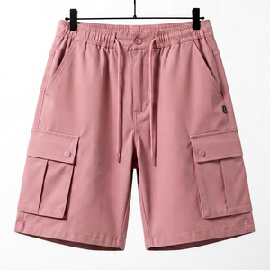 <b>Pink</b> <b>Men's</b> Solid 100% Cotton Breathable Cargo <b>Shorts</b> Front Logo Elastic Waist Multiple Pockets Casual for Summer Outdoor Use - Product Image 1