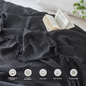 Yüksek Kalite Lüks Yumuşak %100 Pamuk Battaniye 4 Katmanlı Gazlı Düz Renk Dekoratif Örtü Ev Kanepe Koltuk Yatak Seyahat İçin - Product Image 5