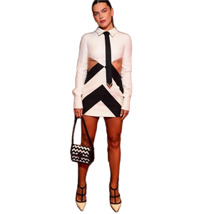 Rayon 2025 kadın kulübü parti önlük kokteyl elbiseleri Mini uzunluk uzun kollu Bodycon beyaz/siyah renk kravat-hollow kontrast - Product Image 3