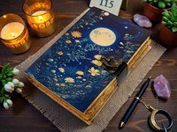 Carnet en cuir fait main Celestial Moonlight Wildflower – Livre de sorts cousu à la main, papier vintage à bords festonnés, cadeau