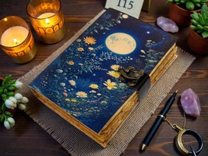 Diario de Cuero Hecho a Mano con Diseño de Flores Silvestres y Luz de Luna Celestial - Libro de Hechizos Cosido a Caballete con Papel Vintage de Borde Desflecado - Regalo - Product Image 3
