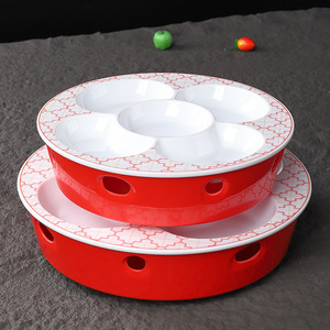 Bandeja de servir de melamina con 5 compartimentos, redonda, con diseño rojo y blanco, irrompible, para uso en hoteles y restaurantes. - Product Image 2
