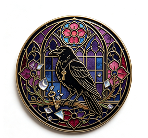 Moneda Redonda de Cobre con Diseño de Cuervo Negro, Arte Gótico, Moneda Coleccionable Esmaltada con Diseño Floral Morado y Llave - Product Image 1