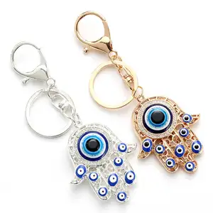 2022 Wholesale Fashion Charm Crystal Rhinestone Fatima Hasma Hand Turkish Big Blue Evil Eyes Keychains