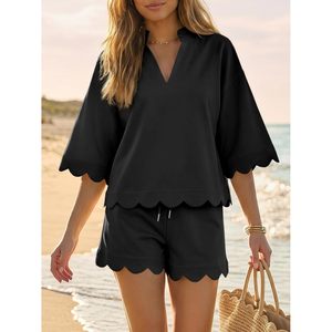 Custom Women's <b>2</b> <b>Piece</b> Short Set Summer Casual Lounge Outfit V Neck Top Drawstring Shorts Solid Color Polyester Cotton Above - Product Image 3