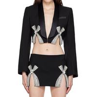 Ensemble deux pièces élégant pour femme, idéal pour le bureau, avec nœud en strass cousu main, blazer court ajusté à manches longues et jupe