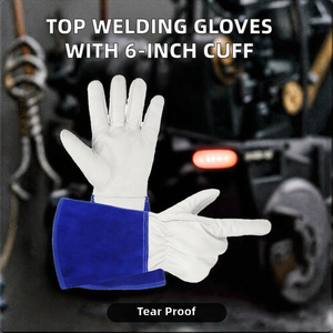 White Leather Safety <b>Gloves</b> with Blue Gauntlet Cuff Anti-Slip Durable General Purpose Work Protection - Product Image 2