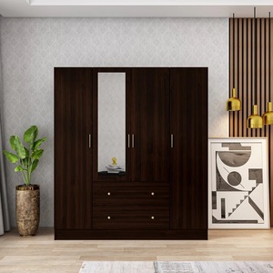 Armoire miroir OEM MDF marron Armoire en bois massif Armoire en bois quatre portes deux tiroirs Armoire en carton Meubles de chambre à coucher avec miroir - Product Image 3
