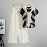 Ensemble pantalon et haut tricoté rayé décontracté à manches courtes, style européen et américain, nouvelle collection été 2026 pour femme