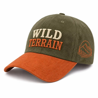 Casquette vert olive avec visière orange brûlé, broderie en relief motif pin des montagnes, surpiqûre plate, en sergé délavé, unisexe, pour l'extérieur