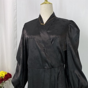 Fashion Modest Women Muslim <b>Dress</b> V-Neck Pleated Design Pretty Flowers Print Satin Islamic Turkey <b>Dress</b> 6572# - Product Image 2