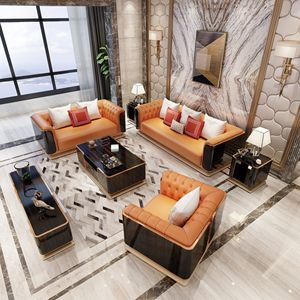 Fábrica al por mayor Ventas calientes Juego <span class=keywords><strong>de</strong></span> muebles <span class=keywords><strong>de</strong></span> sala <span class=keywords><strong>de</strong></span> estar Sofá <span class=keywords><strong>de</strong></span> cuero naranja <span class=keywords><strong>de</strong></span> lujo <span class=keywords><strong>Sofás</strong></span> combinados con marco <span class=keywords><strong>de</strong></span> acero inoxidable dorado - Product Image 1