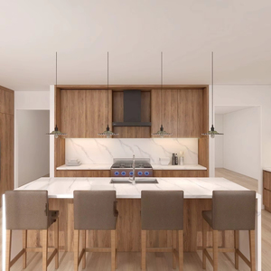 Ensemble d'armoires <span class=keywords><strong>de</strong></span> cuisine modulaires en bois <span class=keywords><strong>de</strong></span> noyer personnalisées <span class=keywords><strong>de</strong></span> qualité supérieure avec îlot en marbre pour appartement <span class=keywords><strong>de</strong></span> luxe - Product Image 1
