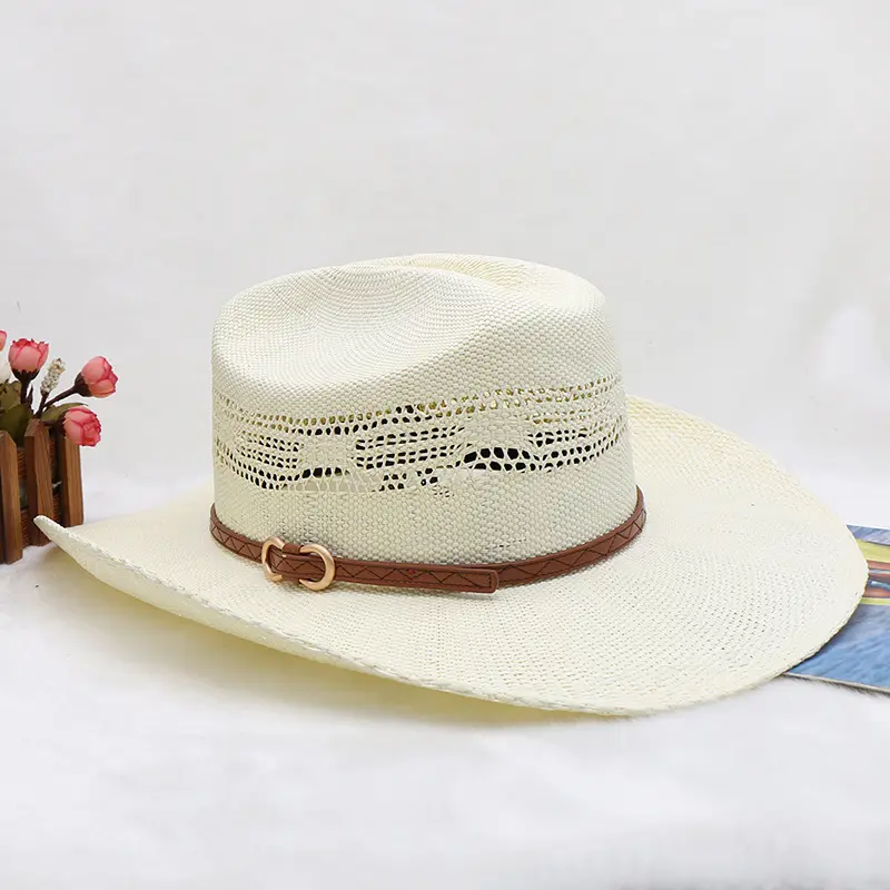 LIHUA Sommer Western-Cowboy-Hut für den täglichen Gebrauch Herren Charakter-Stil Papier-Zöpfe Strohhut mit Bandmaterial für Sport Freizeitmode