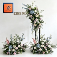 Kit floral luxueux bleu pastel rose, fausse composition florale en cascade sur support, 2 arrangements sur 2 niveaux, faits main, longue durée, réutilisables, pour mariage
