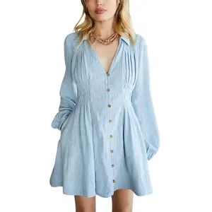 OEM FTY Custom Women's Loose Long Sleeves Plain Mini Linen Casual Dress Manufacturers Of Summer Cotton Linen Dresses For Women