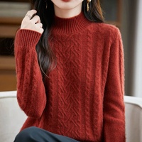 Pull en laine pure 100% style coréen pour femme, col semi-montant, épais, couleur unie, coupe ample, polyvalent, tricoté, couche de base pour l'hiver