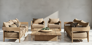 Conjunto de Sofás Seccionales Minimalistas de Teca, Muebles de Jardín Modulares de Madera Premium en Forma de L para Exteriores, con Cojines Beige - Product Image 5