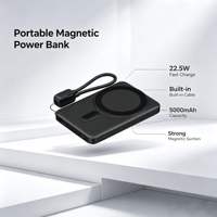 Batterie externe magnétique sans fil 5000 mAh, format slim, avec support pliable, chargeur rapide 22,5 W, câble intégré, OEM ODM