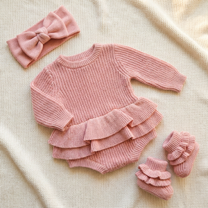 Conjunto de Punto Fino 100% Algodón, Nuevo Estilo Elegante, Mono con Doble Volante en la Cintura <span class=keywords><strong>para</strong></span> Niña Recién Nacida y Bebé, Suéter Tejido - Product Image 1