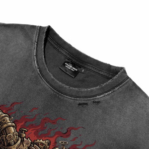 Camisetas Extra Grandes de Alta Calidad para Hombre, Lavadas al Ácido, con Efecto Desgastado, Transpirables, 100% Algodón, Personalizadas con Estampado Retro Mecánico de Demonio DTG, Casuales - Product Image 4
