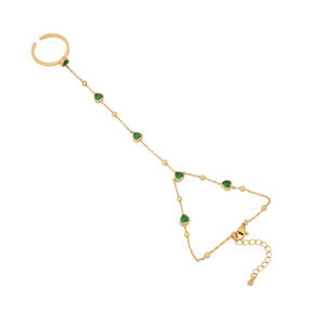 Accesorios de moda joyería de acero inoxidable cristal <span class=keywords><strong>verde</strong></span> esmeralda Zirconia amor corazón anillo pulsera dedo cadena pulsera oro - Product Image 3