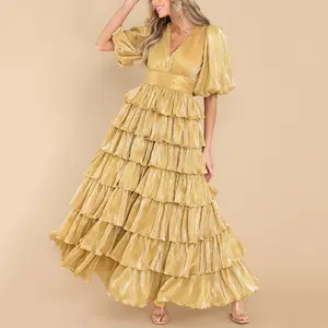 Vestido plissado de manga curta para mulheres, vestido de cor sólida para moças sexy longa classy dourado para noite