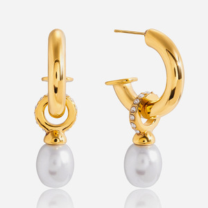 Pendientes de aro geométricos con incrustaciones de perlas y cristales de acero inoxidable para mujer, uso diario - Product Image 1