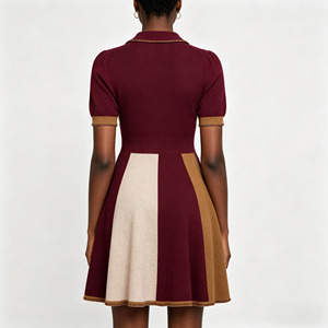Abito <span class=keywords><strong>in</strong></span> <span class=keywords><strong>Maglia</strong></span> Stile Preppy con Blocchi di Colore, Colletto Peter Pan, Bordi con Perline, Ricami, Maniche Corte, Vita Alta e Gonna Plissettata Svasata - Product Image 3