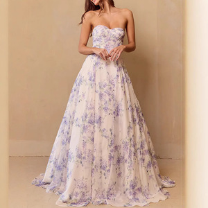 Vestido de Noche de Organza con Estampado Floral y Hombros Descubiertos, Cintura Imperio, Capa Transparente Larga, Vestido Formal para Mujer - Product Image 1