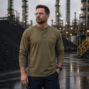 เสื้อยืดแขนยาวทรงเฮนลีย์ ผ้าป๊อปลินคอตตอน 100% สำหรับผู้ชาย ทนไฟ เหมาะสำหรับทำงาน - Product Image 2