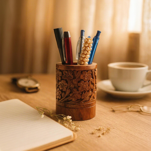 Porte-stylos en bois, organisateur de bureau, design floral sculpté rond, support de rangement à un seul niveau pour usage de bureau - Product Image 1