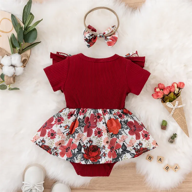 High quality Baby Rompers Floral Ruffle Short Sleeve Baby Girls' Rompers Headband Baby Clothes