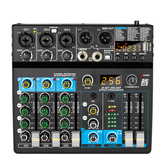 GT9 6 Channel Portable 256 DSP USB DJ Sound Mixer Controller USB Powered Black for Recording Studio Live Streaming