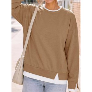 Custom Women Crewneck Sweatshirt Long Sleeve Loose Fit Fall Pullover Side Slits Faux <b>Layered</b> <b>Top</b> - Product Image 2