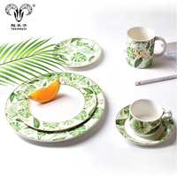 Vaisselle en céramique de haute qualité, motif de feuilles vertes tropicales, porcelaine de Chine, tasse et assiette en porcelaine de Chine