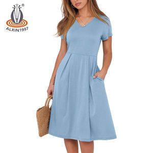 Alxin Groothandel Custom Zomer A-Lijn Korte Mouwen Meisjes Jurken Casual Vrouw Midi Jurk Damesrokken Kleding Damesjurk - Product Image 1