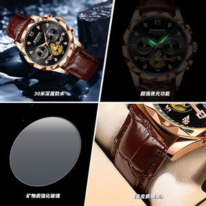 Binbond Men's Quartz Watch Rose Gold Black Dial Chronograph Moon Phase Date Leather Strap 11mm Analog 30M Waterproof - Product Image 4