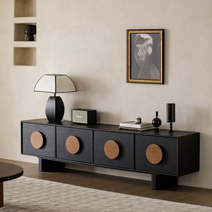 Mueble de <span class=keywords><strong>TV</strong></span> de Madera Maciza de Diseño Retro Moderno en Negro, Mesa <span class=keywords><strong>Sunset</strong></span> con Almacenamiento para Sala de Estar de Apartamentos Pequeños - Product Image 1