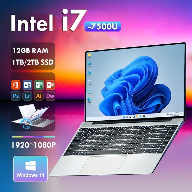 2025 I7 Gaming Laptop, 14.1 Inch Intel Core I7-7500U Quad-core Win11, English, Portable Notebook for Office Use, US and UK Plug.
