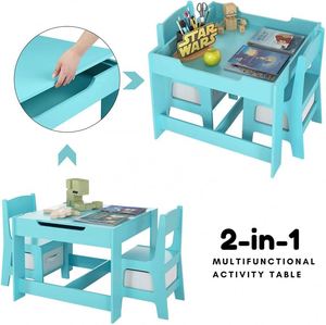 Muebles para el hogar para niños, niños y niñas que estudian jugando a comer, mesa azul y juego de escritorio de madera y 2 sillas, <span class=keywords><strong>centro</strong></span> de actividades para niños pequeños - Product Image 4