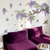 Stiker Dinding Burung Kecil Bunga Wisteria Gaya Cat Air untuk Ruang Tamu Kamar Tidur Dekorasi Rumah Stiker Dinding PVC yang Dapat Dilepas