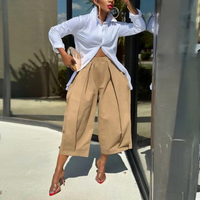 Pantalon Capri Décontracté Taille Mi-Haute Écologique Couleur Unie Ample à Jambes Larges en Tissu Crêpe Style Estival