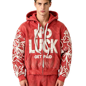 <span class=keywords><strong>Felpa</strong></span> con Cappuccio Rossa Vintage Personalizzata di Alta Qualità, con Zip Intera, Stile Streetwear, Maniche in Cotone con Strass e Bordi Grezzi, Effetto Lavato - Product Image 3