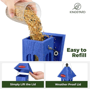 Mangeoire à oiseaux pour l'extérieur, suspendue, en plastique recyclé, 4 ports, 3 lb, grande capacité, décoration de jardin, bleuets - Product Image 4