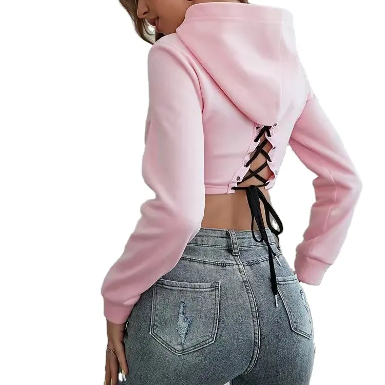 Benutzer definierte Großhandel Langarm Lady Hoodies Schnür Rücken Crop Hoodie Damen Hoodies & Sweatshirts