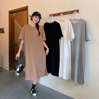 Nouvelle Robe T-shirt Décontractée Grande Taille d'Été Mi-longue Fendue à Manches Courtes, Cache-ventre Ample Amincissante en Mousseline Unie, Style Décontracté